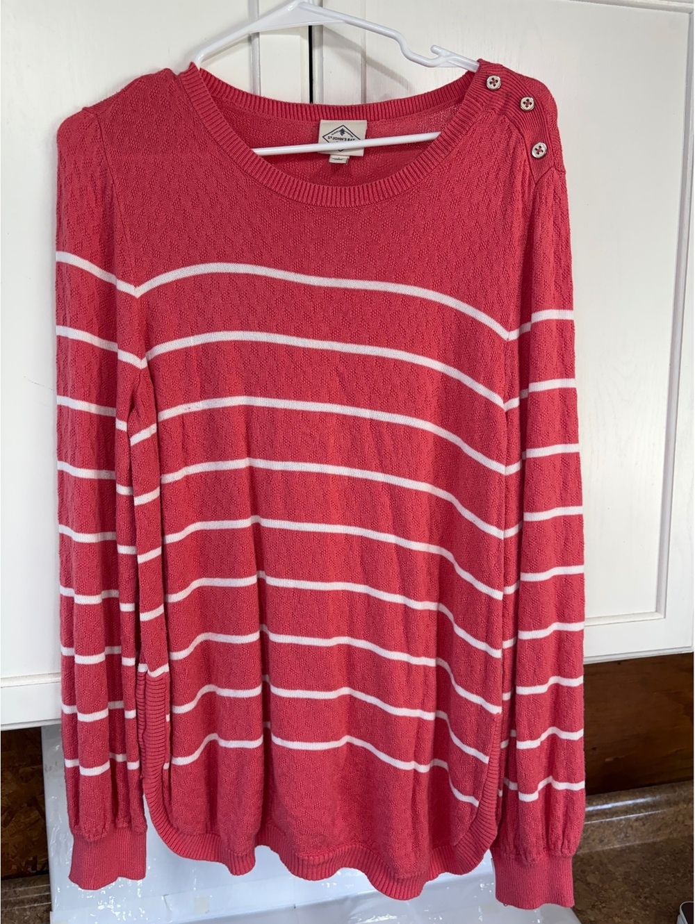 St. John's Bay Red and White Striped Knit Sweater with Button Shoulder Detail